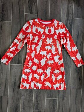 Halloween Ghost Print Dress Medium Red White Long Sleeve Spooky Tunic Dress